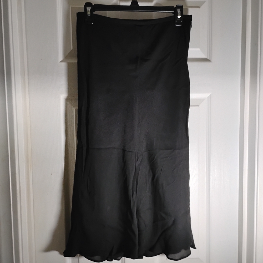 Silk Midi Skirt Side Zip Black Lined Ann Taylor